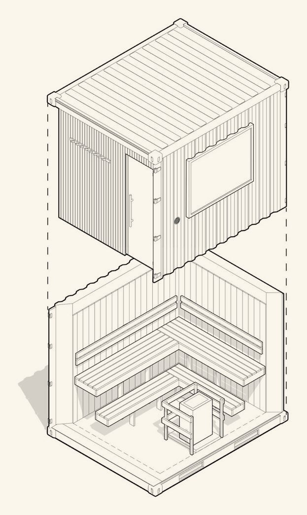 10ft container sauna, exploded isometric drawing