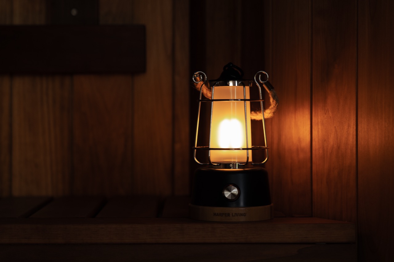 Warm atmospheric light on the container sauna benches